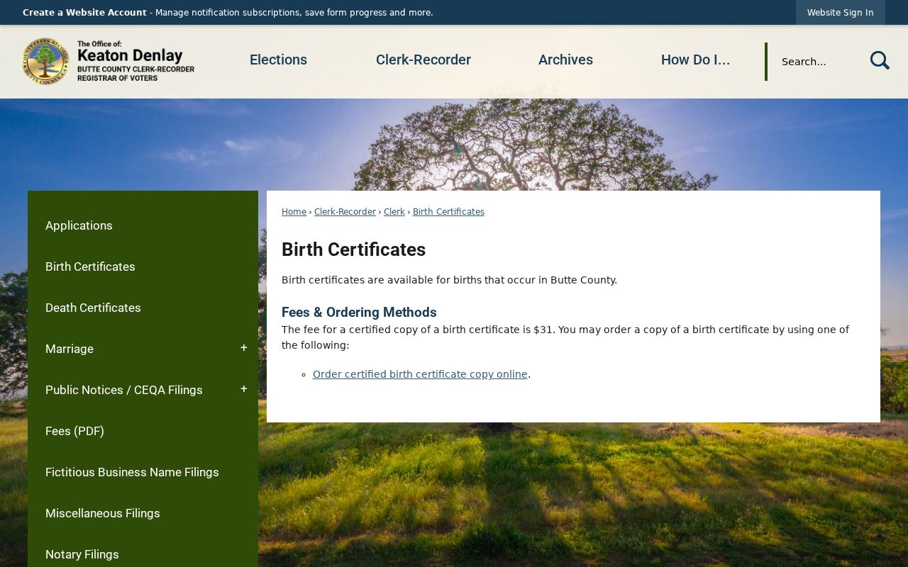 Oroville public records birth certificate ordering page