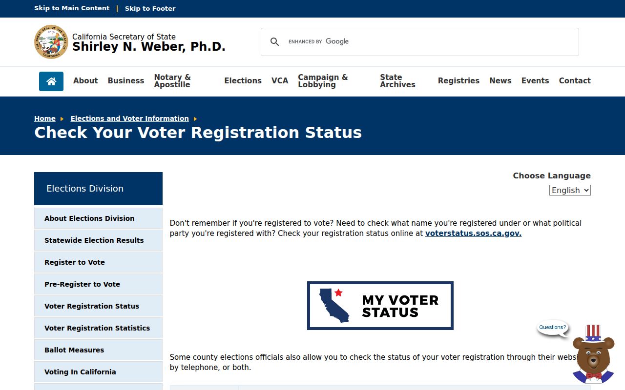 Oroville voter registration records on the California voter status information page